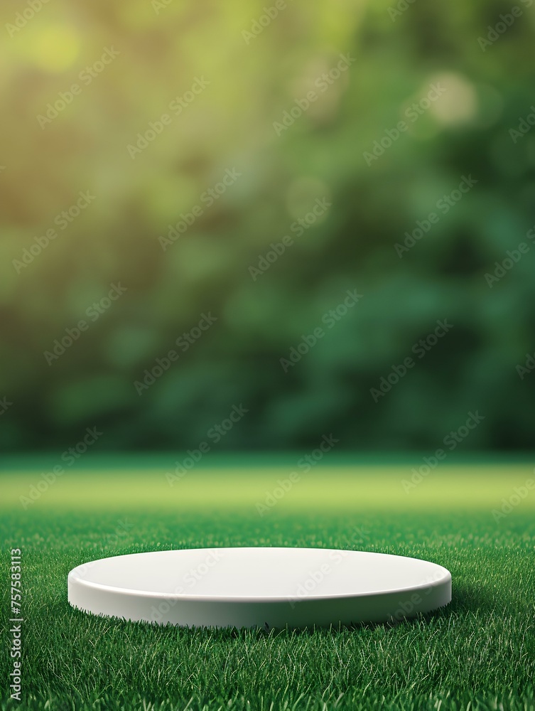White round Platform for Product Presentation on a green Pitch. Blurred Sports Background - obrazy, fototapety, plakaty 