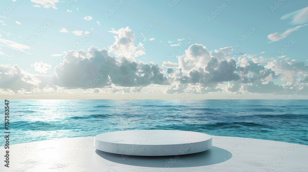 Oceanic themed podium with a serene sea and sky background, perfect for summer product presentations