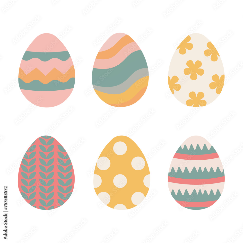 A collection set of six artistically decorated rabbit eggs with various colors for Easter celebrations A collection set of six artistically decorated rabbit eggs with various colors for Easter celebrations