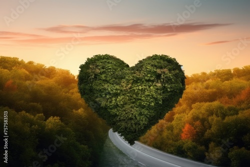 A heart-shaped tree canopy over a road at sunset, with warm sky hues. Twilight Love Road