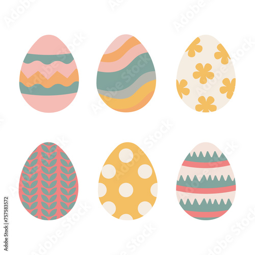 A collection set of six artistically decorated rabbit eggs with various colors for Easter celebrations