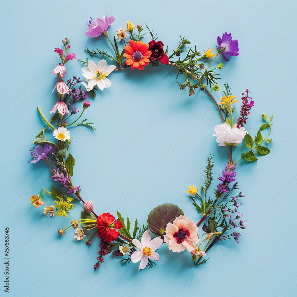 Spring wreath made of colorful flowers and leaves. Natural round frame layout with paper card. Flat lay.