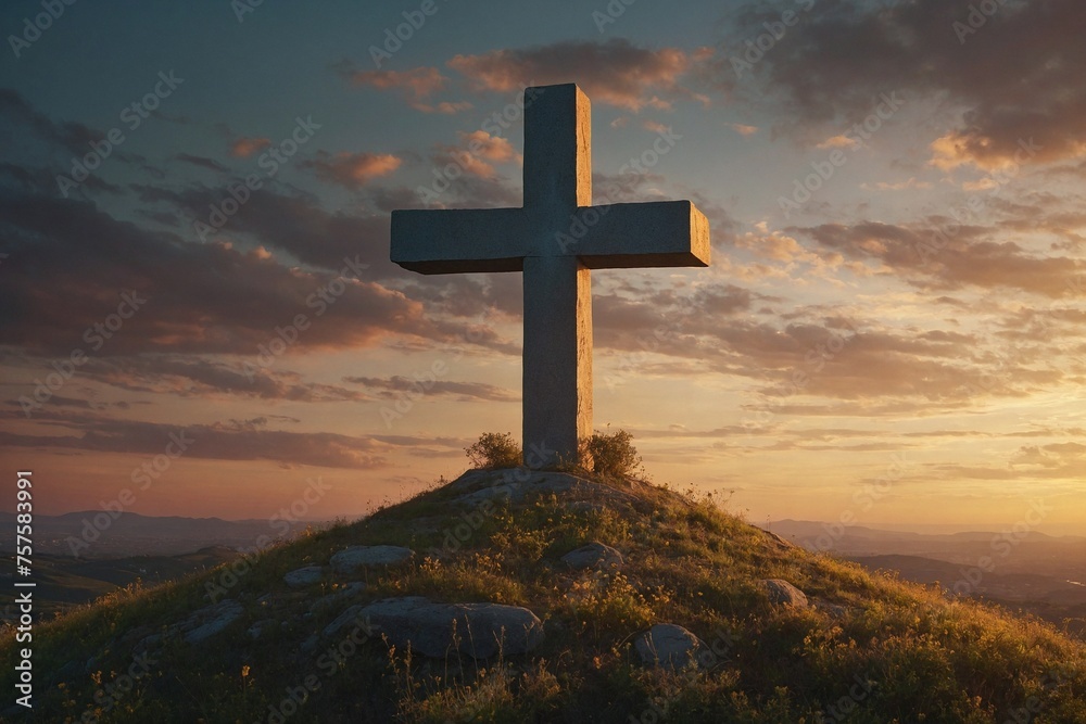 A large cross is on top of a hill in a grassy field