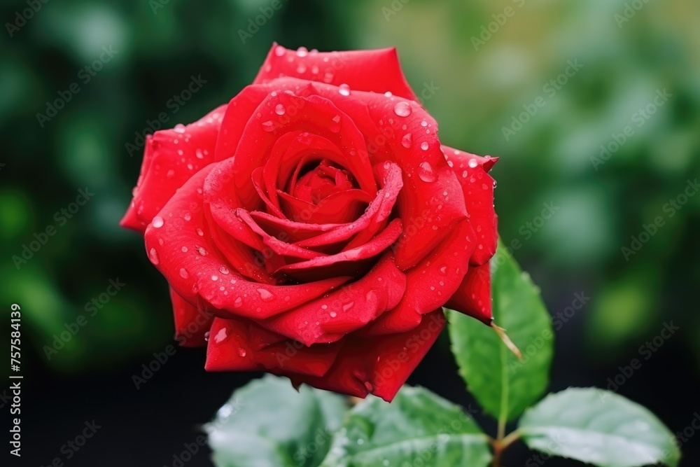 Lush English red rose, adorned with dew drops, in sharp focus against a blurred garden. Vivid English Rose with Morning Dew
