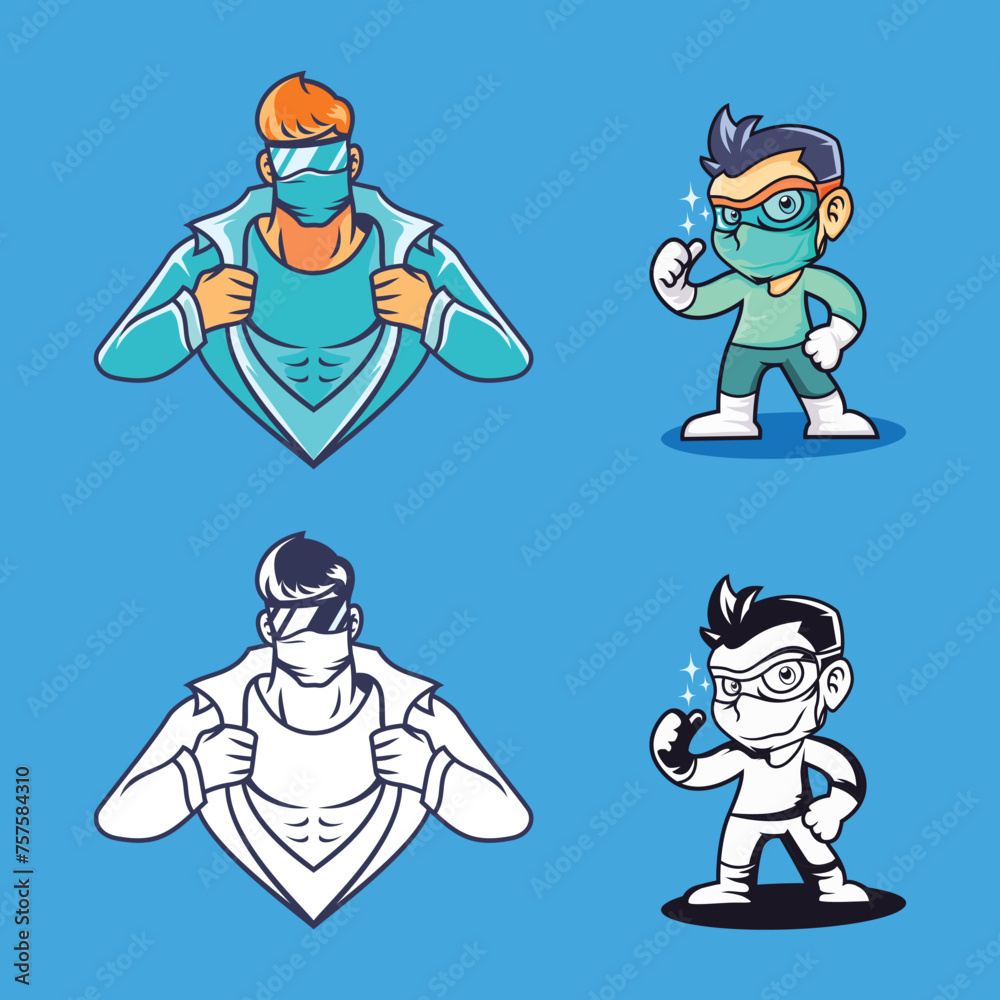 Premium, Modern, Masculine, Playful, Cartoon Superhero Doctor MAscot Character Illustration Art Set Collection With Blue Background Premium, Modern, Masculine, Playful, Cartoon Superhero Doctor MAscot Character Illustration Art Set Collection With Blue Background