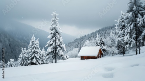 Peaceful winter landscape with snow-covered trees and a small cottage, symbolizing tranquility and isolation. © furyon