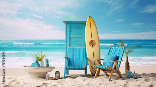 Surfboards, deck chair and holiday shack on tropical beach sand © © Raymond Orton