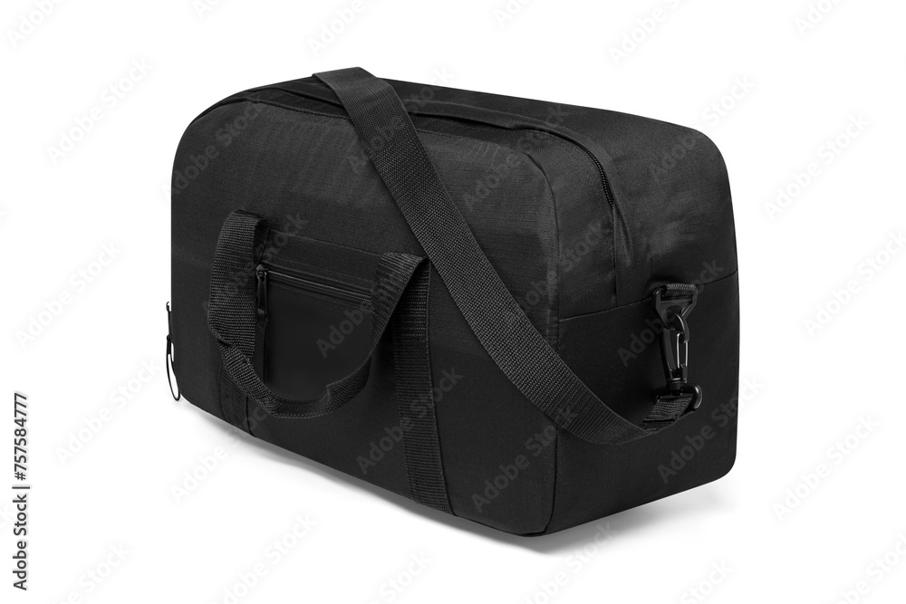 Naklejka premium close up outdoor trendy fashion sports custom nylon crossbody shoulder bag small mini duffle gym travel bags for men women isolated on white background. angle view. black colors handbag.