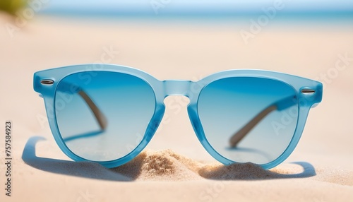 Blue sunglasses on the beach macro