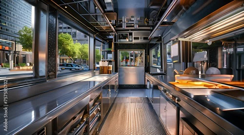 Empty Food Truck with Intricate Interior Setup for Street Food Service
 photo