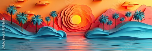 Dawn over the sea and palm trees. A paper-cut drawing in the style of paper art. The concept of a travel agency