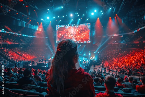 Esports arena, filled with cheering fans and colorful LED lights. Players compete on a large stage in front of a massive screen displaying the game