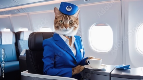 cat steward in a blue suit and hat on the plane drinks coffee against the backdrop of the porthole at the table. free time. vacation concept, trips to a warm country, traveling by plane photo