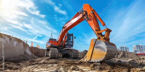 A powerful orange excavator stands out against a clear blue sky, its bucket raised, ready for action at a bustling construction site.