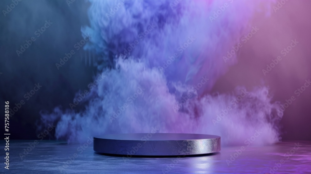 Sleek silver podium with cool-toned purple and blue smoke background, suitable for modern product launches. Sleek silver podium with cool-toned purple and blue smoke background, suitable for modern product launches.