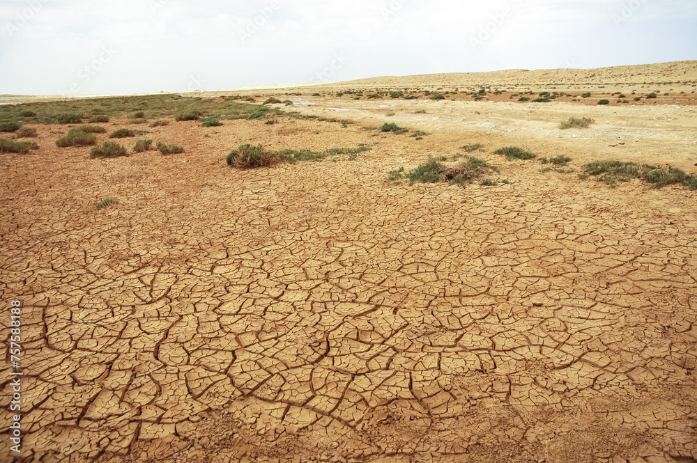 Desert landscape between two salt lakes Chott el Gharsa and Chott el Djerid, Tozeur Governorate of Tunisia