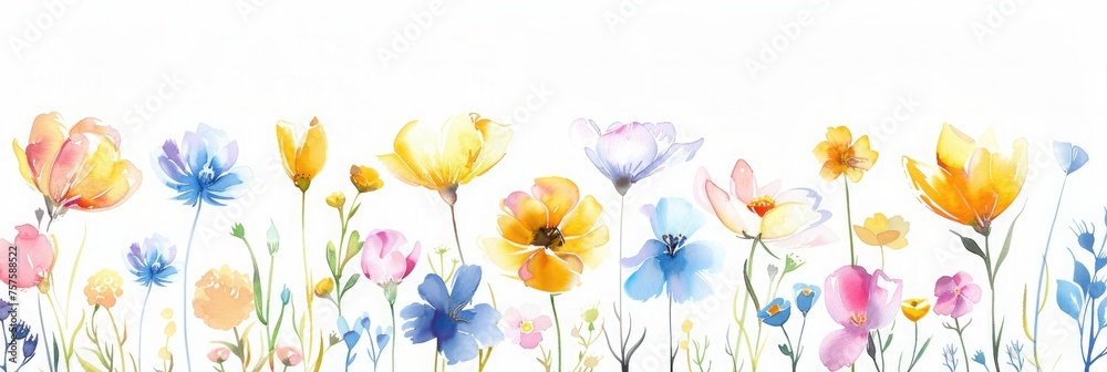 pastel spring flowers in watercolour on white background banner