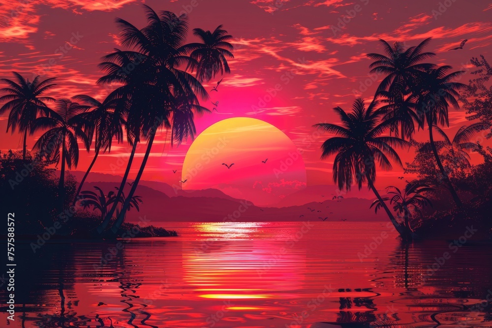 red sunset with palm trees and sea on background
