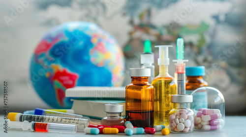 A collection of essential medicines and vaccines with a backdrop of the globe, emphasizing access to healthcare, World Health Day, Healthcare, with copy space