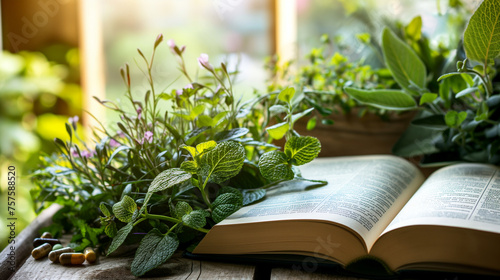 An open medical textbook surrounded by natural plants, blending traditional and alternative medicine, World Health Day, Healthcare, with copy space