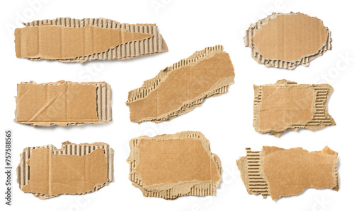 set / collection of ripped pieces of corrugated cardboard isolated over a transparent background, signs, labels, banners, or paper collage design elements, cut-out with subtle shadows, PNG