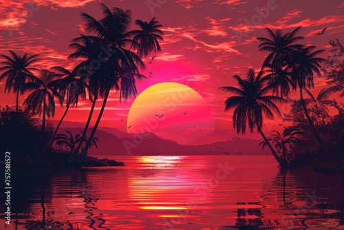 red sunset with palm trees and sea on background