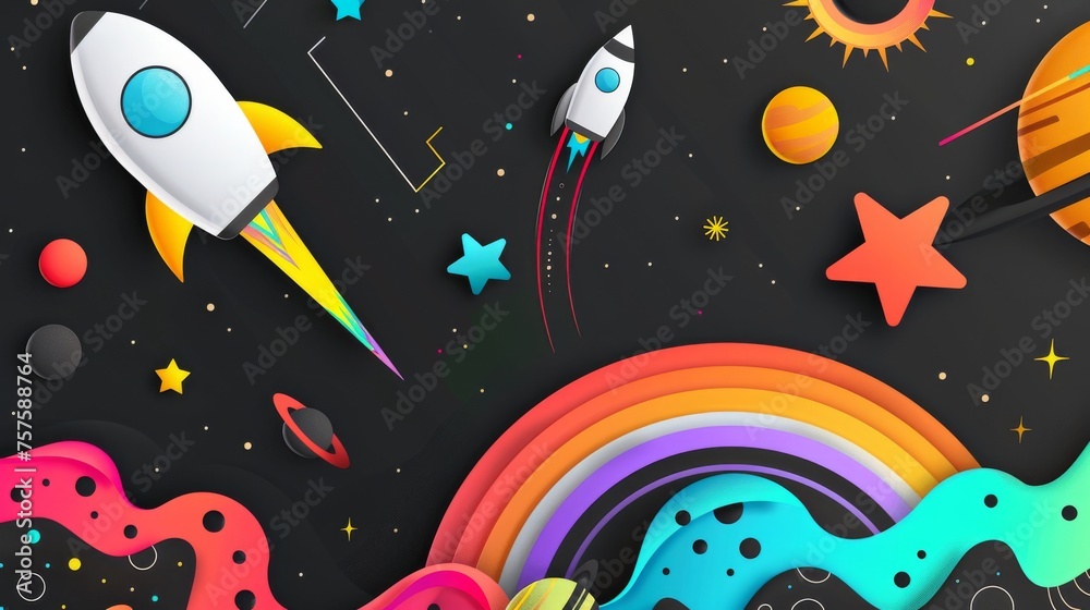 Space exploration concept with planets, stars, and spacecraft on a black background with rainbow accents.