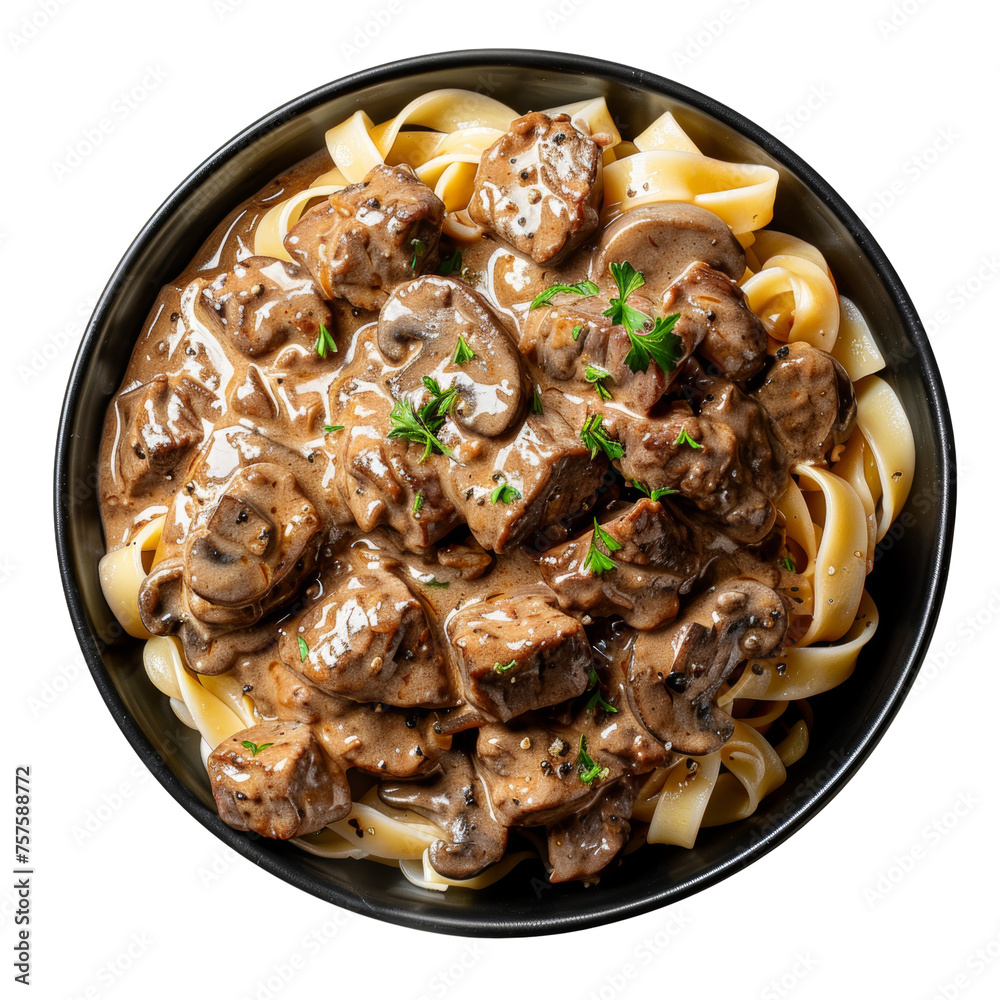 Savory beef stew with potatoes and mushrooms in a creamy sauce, cut out - stock png. Savory beef stew with potatoes and mushrooms in a creamy sauce, cut out - stock png.