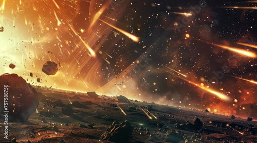 Space background with meteorites falling towards a barren, rocky planet surface, creating a dramatic and intense scene.