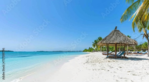 tropical beach with white sand, turquoise water and palm trees in the background. A thatched hut sits on one side overlooking the sea, surrounded by chairs for relaxation Generative AI