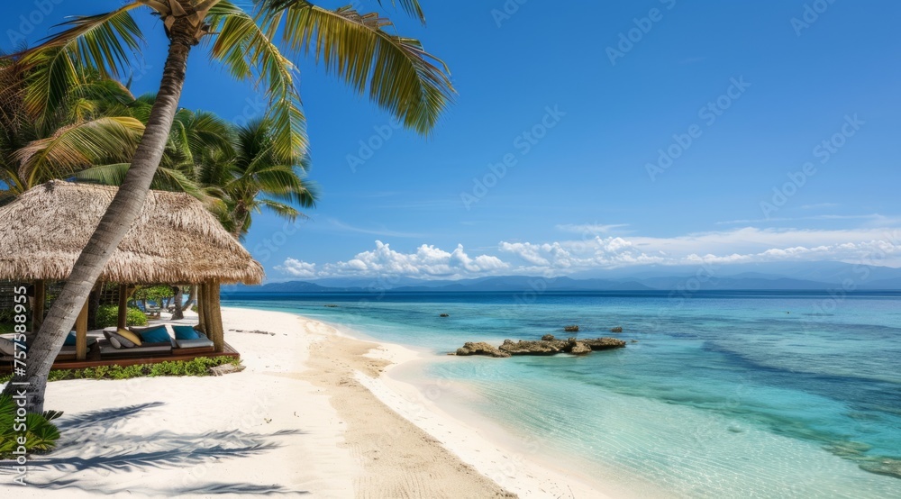 an exotic island with white sandy beaches and clear blue waters, featuring palm trees swaying in the breeze Generative AI