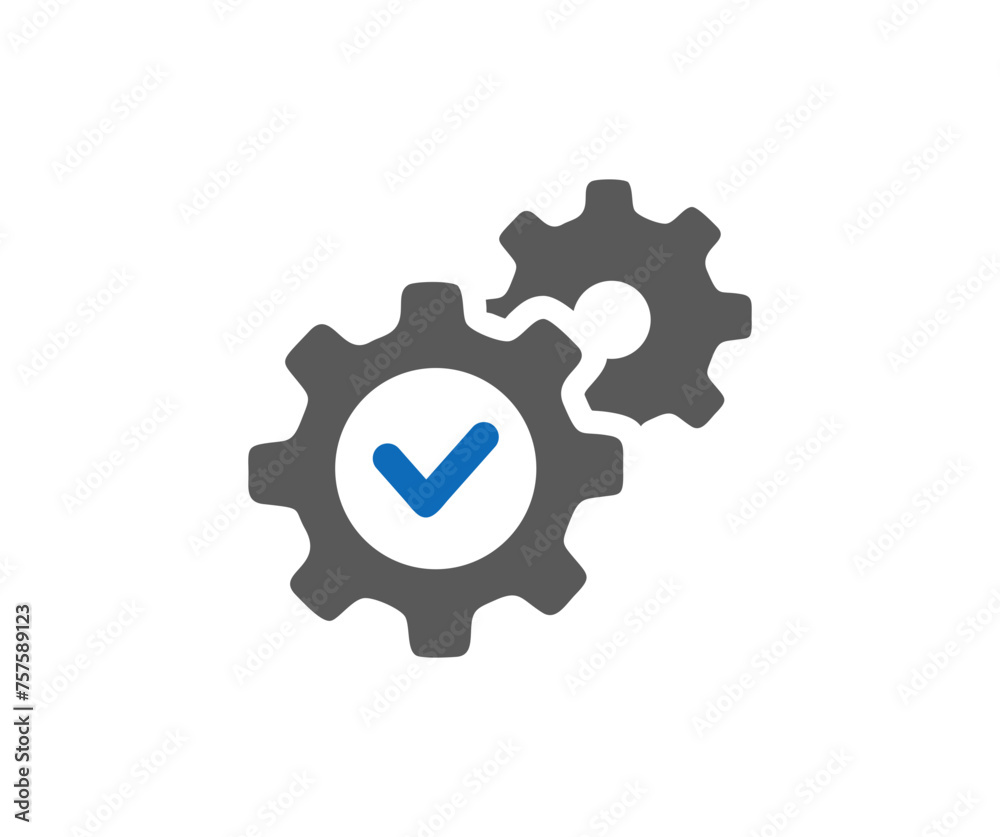 Obraz premium Gear wheels and check mark icon. Symbol of machine operation, process, mechanism. Settings icon and approved, confirm, done, tick vector design and illustration. 
