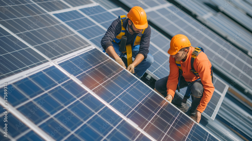Men wearing safety gear are seen installing solar panels on a roof from an overhead drone view, showcasing their dedication to renewable energy and sustainable practices Men wearing safety gear are seen installing solar panels on a roof from an overhead drone view, showcasing their dedication to renewable energy and sustainable practices