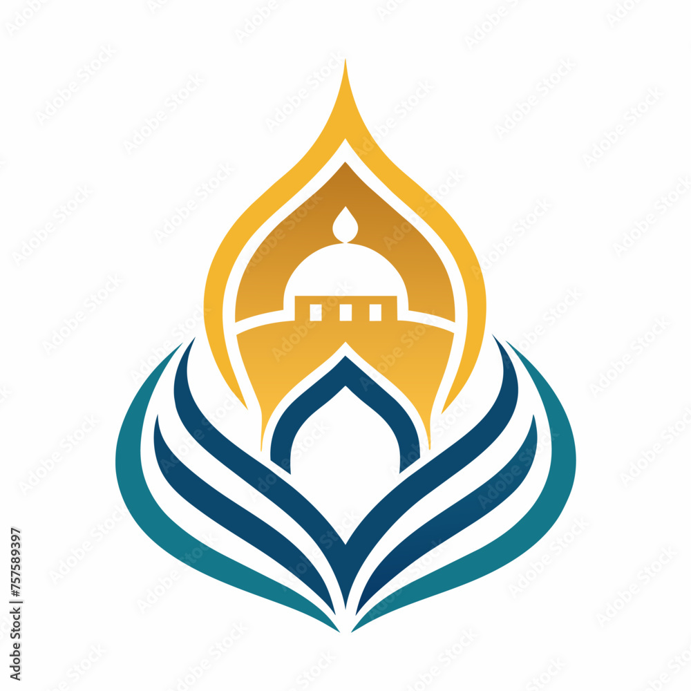 Detailed, symmetrical vector graphic influenced by Islamic artistic traditions, showcasing geometrical motifs, clean white backdrop, suitable for badge or logo purposes Detailed, symmetrical vector graphic influenced by Islamic artistic traditions, showcasing geometrical motifs, clean white backdrop, suitable for badge or logo purposes