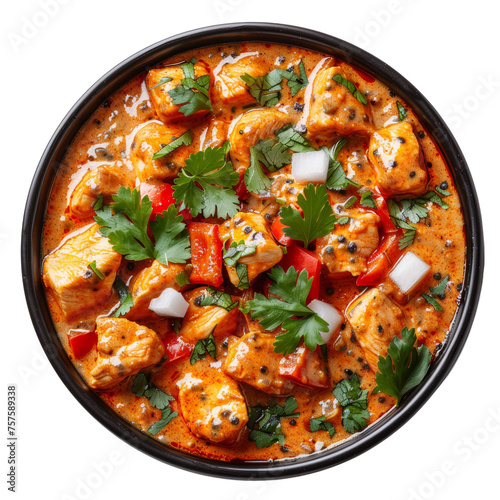 Hot and spicy Asian soup chiken tikka masala with tofu, vegetables, and noodles, cut out - stock png.