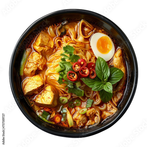 Spicy tofu noodle soup with egg, fresh vegetables, and herbs, cut out - stock png.