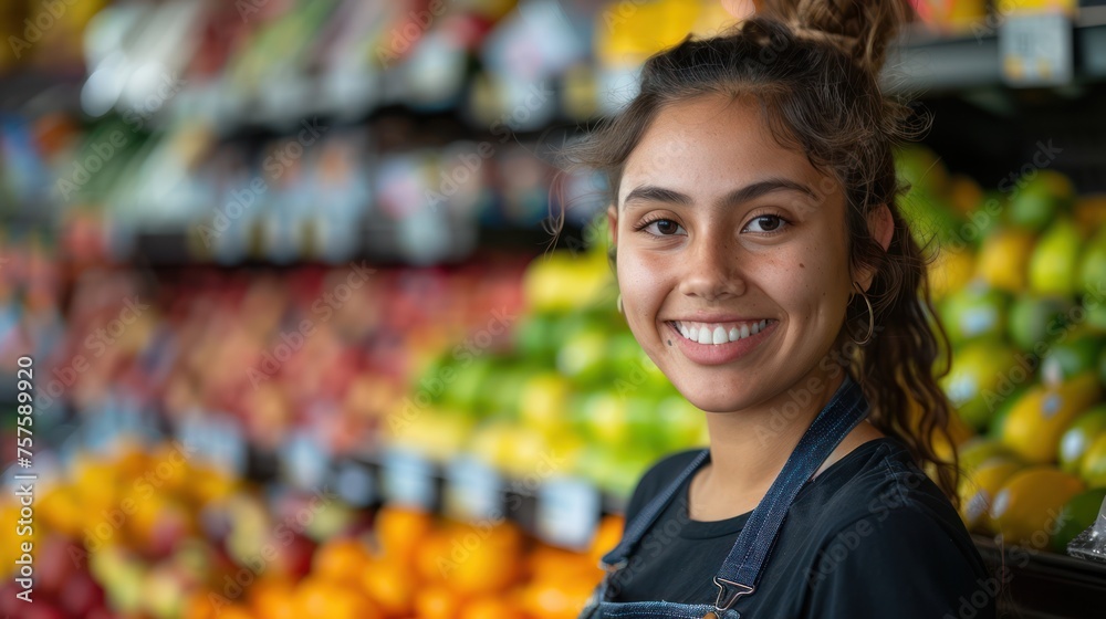 Smiling hispanic female supermarket fruit section worker looking at the camera Smiling hispanic female supermarket fruit section worker looking at the camera