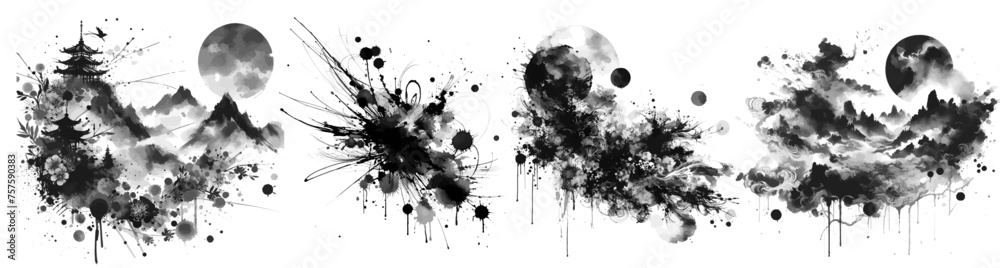 landscape painting asian chinese japanses Ink drops and splashes. Blotter spots, liquid paint drip drop splash and ink splatter. Artistic dirty grunge abstract stain vector set. Illustration splash - obrazy, fototapety, plakaty 