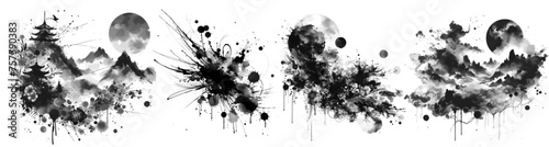 landscape painting asian chinese japanses Ink drops and splashes. Blotter spots, liquid paint drip drop splash and ink splatter. Artistic dirty grunge abstract stain vector set. Illustration splash photo