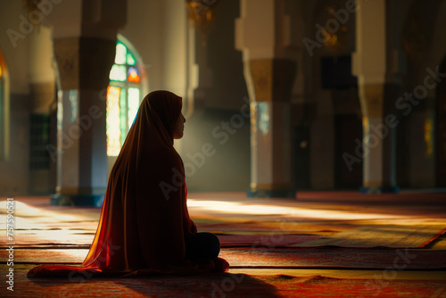 Silhouette of a woman praying peacefully in a mosque with sunlight filtering through a window