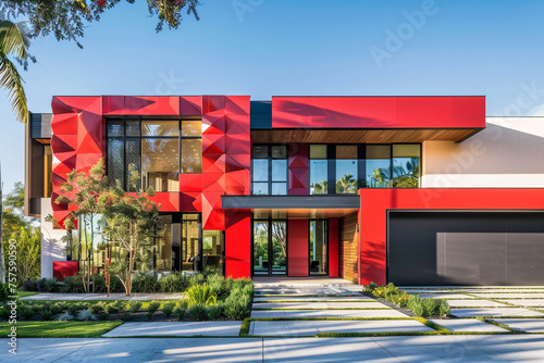 From a frontal perspective, the modern mansion's vibrant red accents and innovative geometric patterns redefine its exterior, creating a bold and visually captivating architectural statement.