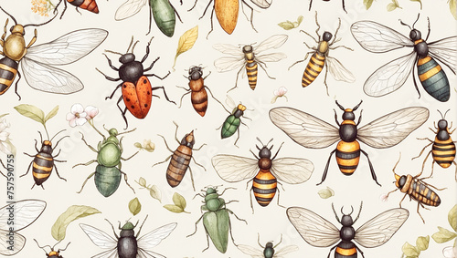 Illustrated background of winged insects in simple drawing style. Seamless pattern. © Andres Serna