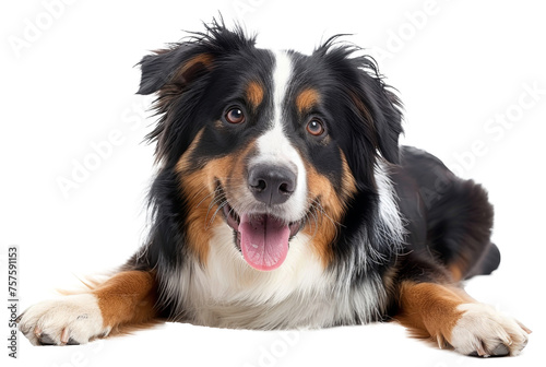 Happy Australian shepherd dog lying down with tongue out, cut out - stock png.
