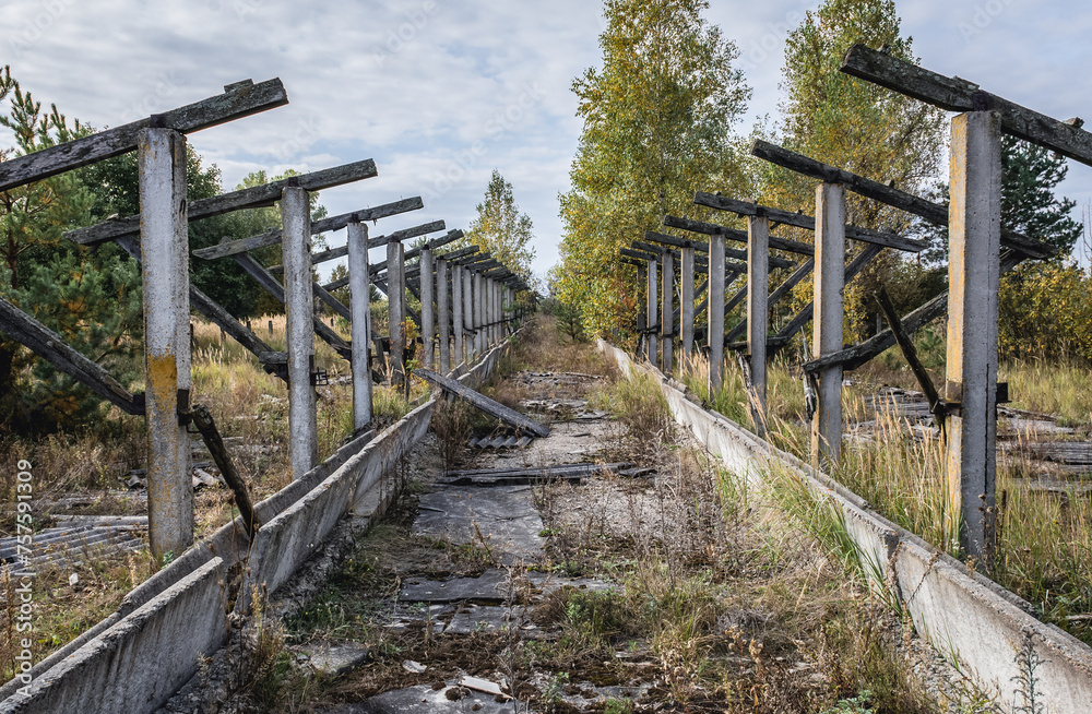Abandoned byre in kolkhoz in Korohod village in Chernobyl Exclusion Zone in Ukraine
