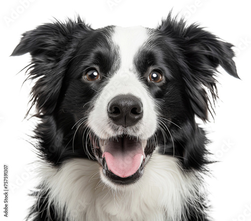 Smiling border collie with black and white fur looking forward, cut out - stock png.