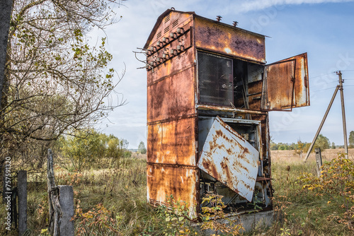 Old transformer station in kolkhoz in Korohod village in Chernobyl Exclusion Zone, Ukraine