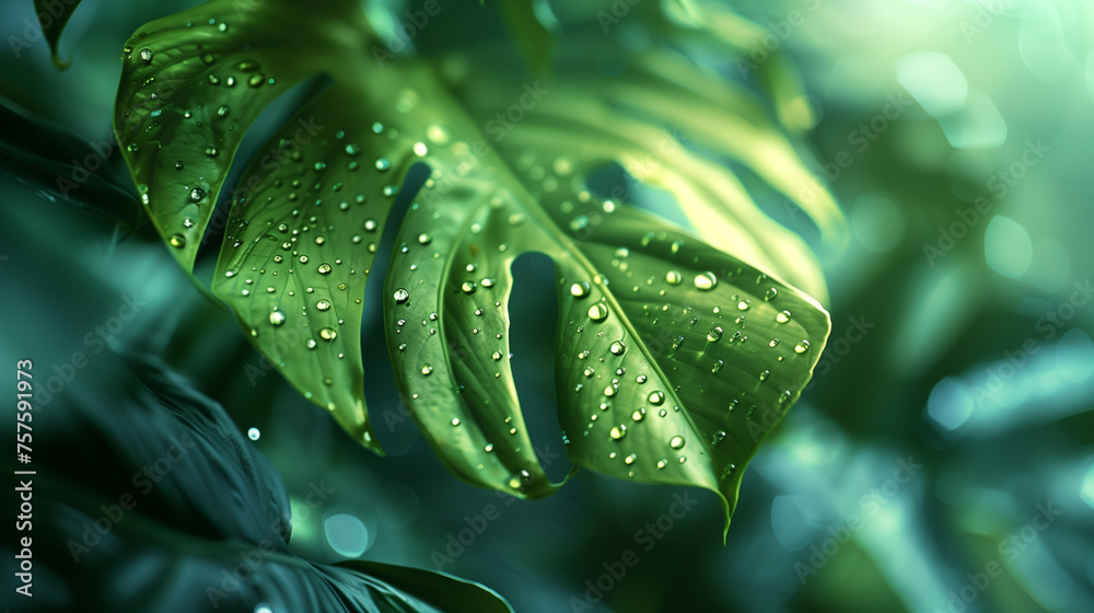 Fototapeta premium Closeup of tropical Monstera plant leaf with water drops
