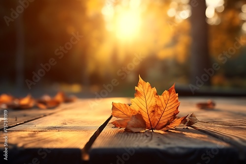 Wooden table with autumn leaves on blurred background. Autumn background.