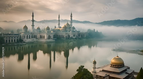 mosque in a lake in the morning photo