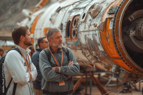 Two pensive professionals analyzing a historical space capsule in a hangar, reflecting on aerospace achievements